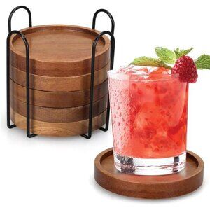 Acacia Wood Coasters Set with Holder Rustic Drink Coasters for Coffee Table Bar